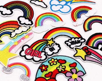 Set 14 Rainbow Cloud Iron On Patch Sew On Patch Embroidery Cute Colorful Badge DIY Kid LGBT Clothing Jacket Jeans Pants Backpack Decoration