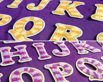 Chenille Letter Iron On Patch 2.56"/6.5cm Striped Orange Purple Alphabet A-Z Gold Trim Capital Embroidered Name Badge Jacket Hat Backpack