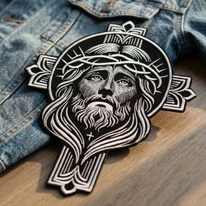 Può includere: Toppa ricamata in bianco e nero raffigurante Gesù Cristo con una corona di spine, su un design a forma di croce. La toppa è posizionata su una giacca di jeans, mostrando il suo potenziale utilizzo come accessorio di abbigliamento.