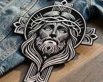 Jesus Crucifix Patch, Iron On Embroidered, Large Cross Back Jacket Patch 12.4”, Christian Biker Patch, Gothic Religious Black White