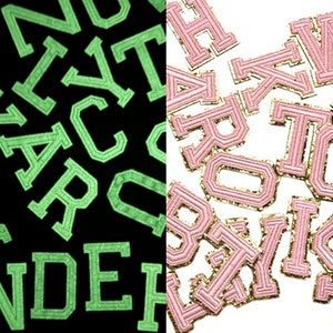 Parche con letras que brillan en la oscuridad, adhesivo luminoso, 2,15" (5,5 cm), para pegar en la pared, letras mayúsculas del alfabeto rosa, para coser, bordar, A-Z