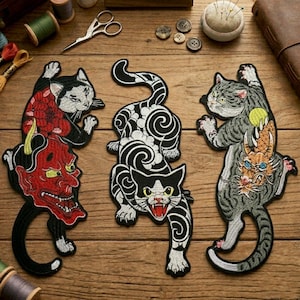 Giant Fierce Japanese Cat Iron On Patch, Huge Hannya Mask & Dragon Embroidery, Tattoo Style Large Back Patch for Denim Jackets, 13-15”