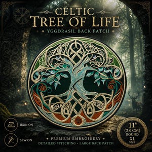 May include: Round XL back patch featuring a detailed embroidered Celtic Tree of Life design. The patch is 11 inches in diameter and includes the text "CELTIC TREE OF LIFE" and "YGGDRASIL BACK PATCH".