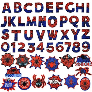 May include: A selection of iron-on patches featuring the alphabet, numbers, and spider-themed designs. The letters and numbers are red and blue with a spiderweb pattern. Additional patches include spider and web designs with text like "BOOM" and "SPIDER".