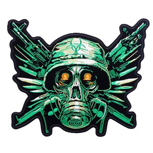 May include: Green and black embroidered patch of a skull wearing a gas mask and a military helmet with guns and knives behind it.
