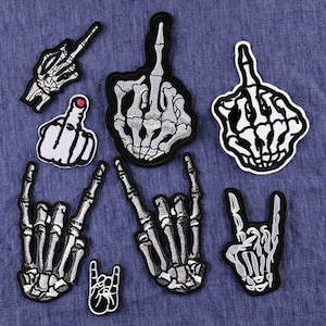 Skeleton Middle Finger Sew Iron On Patch Bone Hand Sign Rock and Roll Black White Embroidered Emblem Badge Backpack Hat Jacket Coat T-Shirt