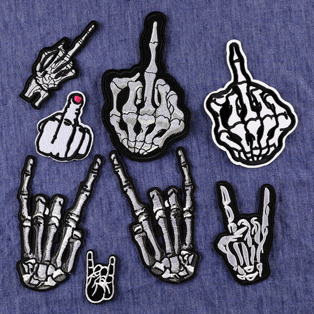 Skeleton Middle Finger Embroidered Patch Iron on Sew On Badge For Clothes etc 