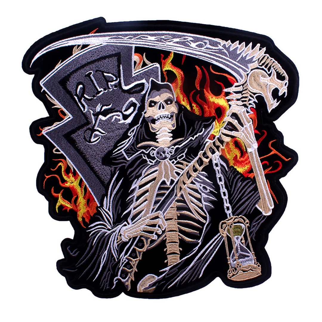 Grim Reaper Large Sew Iron on Patch Embroidered Big Scythe Fire RIP ...