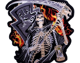 Grim Reaper Large Sew Iron On Patch Embroidered Big Scythe Fire RIP Skeleton Skull Bone Emblem Badge Back Jacket Coat T-Shirt Biker Rider
