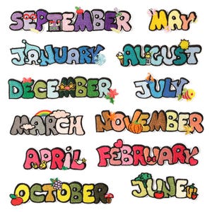 Könnte beinhalten: Zwölf bunte gestickte Aufnäher mit den Monaten des Jahres. Jeder Aufnäher hat ein anderes Design und eine andere Farbgebung, einige mit Blumen, Sternen und anderen dekorativen Elementen.