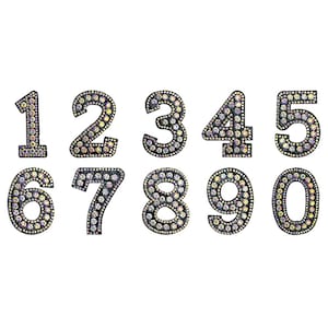 Número preto ferro em remendo iridescente strass costurar contas contas dígitos 0-9 brilhantes brilhantes bordados número emblema motivo para jaqueta jersey