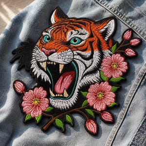 May include: Embroidered patch featuring a roaring tiger with orange and black stripes, white fur, and turquoise eyes. Pink flowers and green leaves surround the tiger's head, set against a light blue denim background.
