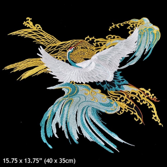 Large Crane Sew On Patch 15"/40cm Embroidered Gold Wave Tsuru Japanese Chinese Bird Back Patch Big Applique Motif Jacket Dress Gown Pant