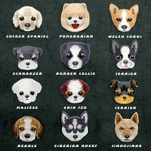 Peut inclure: Un collage de 12 patchs brod&eacute;s repr&eacute;sentant diff&eacute;rentes races de chiens. Les patchs pr&eacute;sentent diverses races de chiens, notamment un Cocker Spaniel, un Pom&eacute;ranien, un Corgi gallois, un Schnauzer, un Border Collie, un Terrier, un Maltais, un Shih Tzu, un Beagle, un Husky sib&eacute;rien et un Jindo.