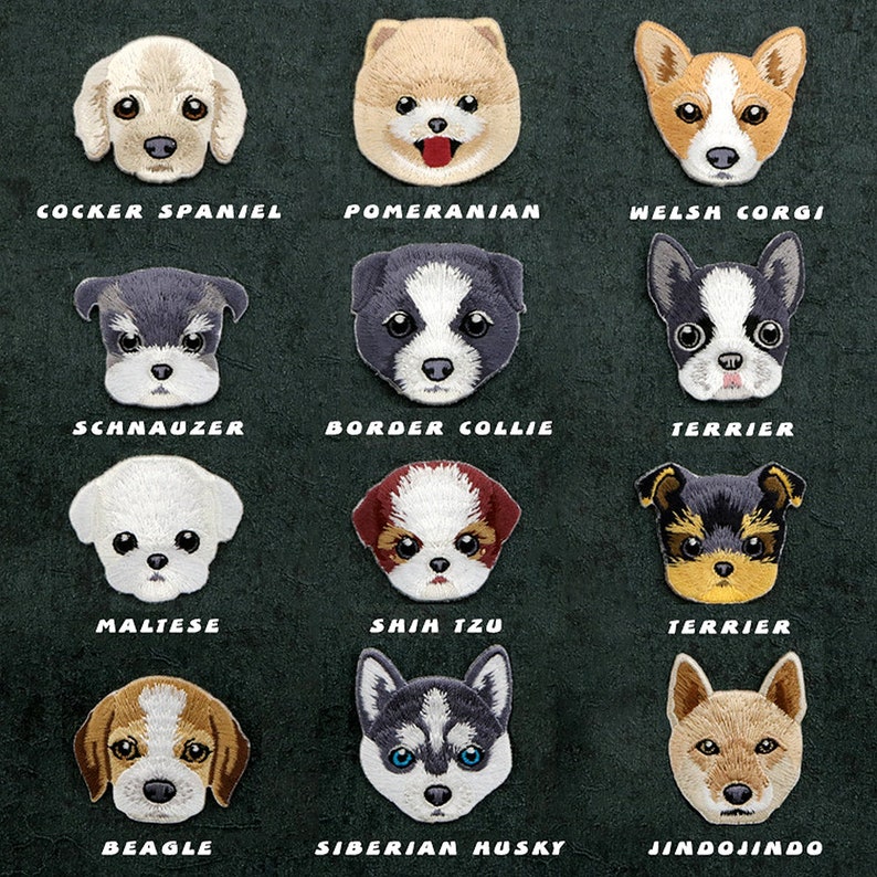 Peut inclure: Un collage de 12 patchs brod&eacute;s repr&eacute;sentant diff&eacute;rentes races de chiens. Les patchs pr&eacute;sentent diverses races de chiens, notamment un Cocker Spaniel, un Pom&eacute;ranien, un Corgi gallois, un Schnauzer, un Border Collie, un Terrier, un Maltais, un Shih Tzu, un Beagle, un Husky sib&eacute;rien et un Jindo.