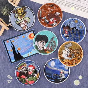 Vincent Van Gogh Round Iron On Patch Sew Starry Night Self Portrait Embroidered Emblem Badge for Backpack Hat Jacket Coat T-Shirt Decoration