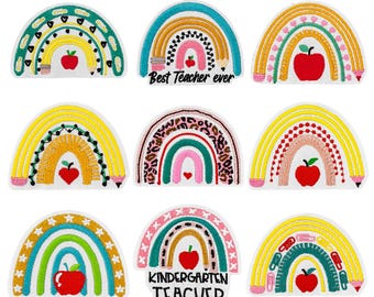 Rainbow Teacher Patch, Teacher Appreciation Patch – Embroidered Iron On Applique with Apple Pencil Motifs, for Backpack, Jacket, Hat, Bag