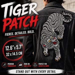Großer japanischer Tiger Aufnäher, 32,5 cm gestickter silbergrauer Tiger für Jeansjacken, Sukajan Style Oriental Tiger Streetwear