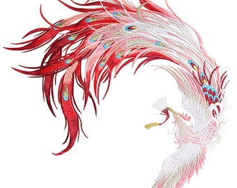 Puede incluir: Parche bordado para planchar con un fénix rojo y blanco con plumas detalladas. El fénix está en posición enroscada con las alas extendidas.