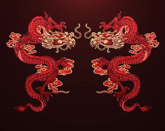 Large Chinese Dragon Sew On Patch Pair Back Patch Embroidery Big Notion Applique Motif for Jacket Dress Gown Pant Biker Rider Decoration