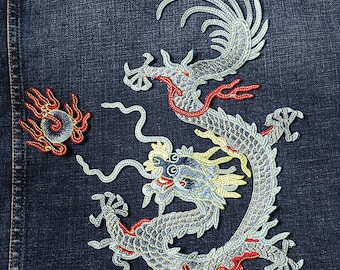 10" grande drago cinese palla di fuoco patch cucire sul retro patch re reale ricamato applique uomo abbigliamento giacca denim zaino decorazione