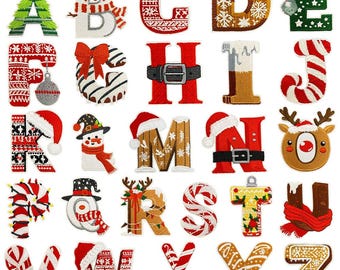 Christmas Alphabet Iron On Patch | Embroidered Snowman Reindeer Xmas Stocking Hat Tree Letters for DIY Holiday Decor T-shirt Backpack Jacket