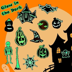 Halloween Glow in Dark Sticker Patch Jack O&#39;Lantern Witch Skeleton Bat Ghost Pumpkin Spider Web Cobweb Haunted Mansion for Jacket Backpack