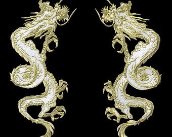 Écusson brodé grand dragon chinois doré argenté à coudre au dos, motif appliqué pour veste, pantalon en jean, décoration de sac à dos