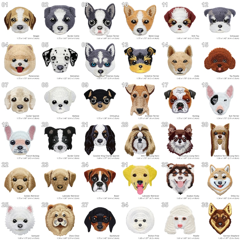 Peut inclure: Un ensemble de 36 patchs brod&eacute;s thermocollants repr&eacute;sentant diff&eacute;rentes races de chiens. Chaque patch mesure environ 4,4 cm de large et 4,4 cm de haut. Les patchs sont dispos&eacute;s en grille avec les num&eacute;ros 1 &agrave; 36.