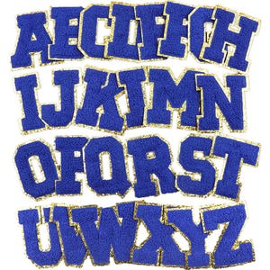 Letras em chenille azul royal, remendo de ferro, remendo de alfabeto, costurado em 3,2"/8 cm, grande, A-Z, acabamento dourado, capital, bordado, crachá, motivo para jaqueta