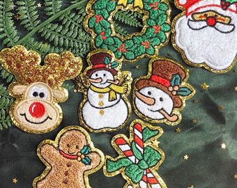 Weihnachten Aufbügler Weihnachtsmann Schneemann Rentier Lebkuchenmann Weihnachtskranz Zuckerstange Chenille Bestickt selbstklebend