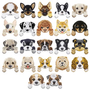 Peut inclure: Une collection de patchs brodés représentant des chiens de différentes races, dont un dalmatien, un carlin et un bouledogue. Chaque patch présente un design détaillé et réaliste avec différentes couleurs et textures. Ces patchs sont parfaits pour les vêtements ou accessoires.