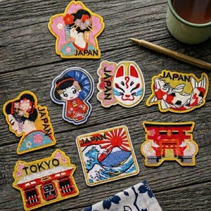 Écusson brodé à repasser Kanagawa Geisha Kaminarimon, carpe koï, Kitsune, renard, pour voyage au Japon, pour sac à dos, chapeau, veste et manteau