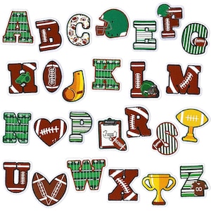 May include: A selection of football-themed alphabet letters and symbols in brown, green, and white. The letters feature football and helmet designs. Includes a heart-shaped football, a trophy, and a clipboard.