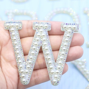 Large Pearl Letter Patch Iron On Patch 2.75"/7cm White Sew Beaded Alphabet A-Z Bling Capital Embroidered Name Badge Motif Jacket Wedding