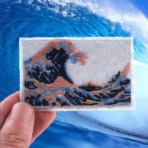 KANAGAWA Sew Iron On Patch The GREAT WAVE off Rectangle Morale Japan Sea Travel Embroidered Emblem Badge Cap Backpack Hat Jacket Coat Shirt