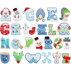 Parche para planchar con letras de muñeco de nieve, parche para coser, copos de nieve navideños, medias, gorros, letras mayúsculas del alfabeto, bordado para camisetas, mochilas, chaquetas