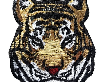 Large Sequin Tiger Head Iron On Patch Sew On Patch Sparkling Bengal DIY Applique Motif for Kid Adult Clothing Jacket Backpack Decoration