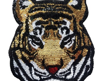 Large Sequin Tiger Head Iron On Patch Sew On Patch Sparkling Bengal DIY Applique Motif for Kid Adult Clothing Jacket Backpack Decoration