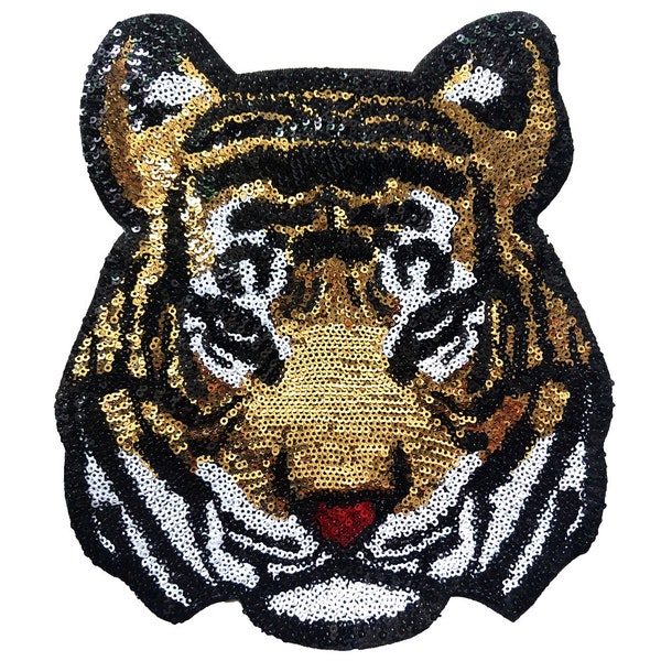 Grandes paillettes tête de tigre fer sur écusson à coudre écusson scintillant Bengale bricolage appliques motif pour enfant vêtement adulte veste sac à dos décoration