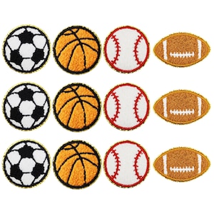 May include: A collection of embroidered sports ball patches. The patches include soccer balls with black and white panels, orange basketballs, white baseballs with red stitching, and brown footballs. Each patch has a gold border.