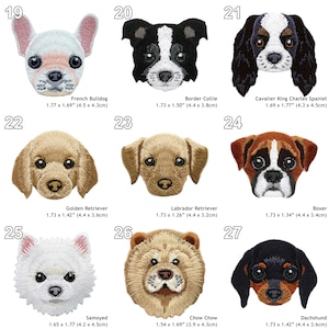 Peut inclure: Un ensemble de 10 patchs brod&eacute;s thermocollants repr&eacute;sentant diff&eacute;rentes races de chiens. Les patchs sont tous de style cartoon et mesurent environ 4,5 cm de diam&egrave;tre. Les races incluent le bouledogue fran&ccedil;ais, le border collie, le cavalier king charles spaniel, le golden retriever, le labrador retriever, le boxer, le samoy&egrave;de, le chow chow et le teckel.
