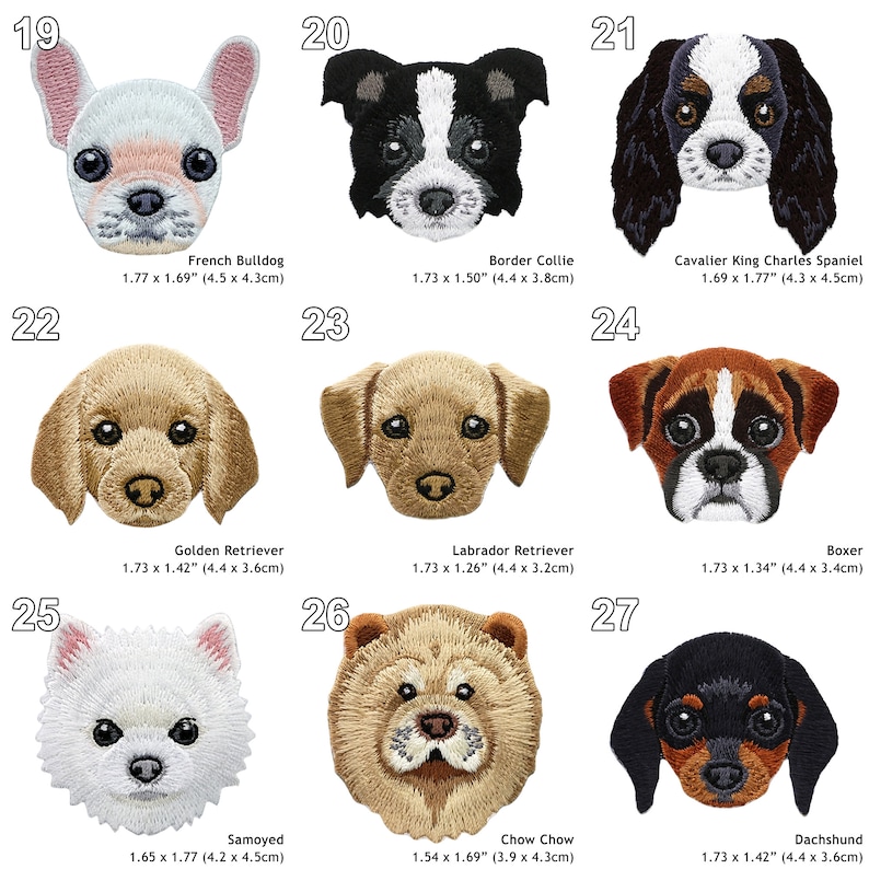 Peut inclure: Un ensemble de 10 patchs brod&eacute;s thermocollants repr&eacute;sentant diff&eacute;rentes races de chiens. Les patchs sont tous de style cartoon et mesurent environ 4,5 cm de diam&egrave;tre. Les races incluent le bouledogue fran&ccedil;ais, le border collie, le cavalier king charles spaniel, le golden retriever, le labrador retriever, le boxer, le samoy&egrave;de, le chow chow et le teckel.