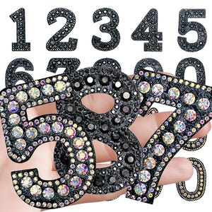 Black Number Iron On Patch Iridescent Rhinestone Sew Beaded Bead Digit 0-9 Bling Sparkling Embroidered Number Badge Motif for Jacket Jersey