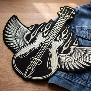 Patch de guitarra alada, patch grande para costas, aplique bordado termocolante, patch para jaqueta de couro de motociclista, presente para amante da música
