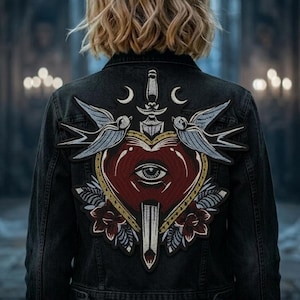 Large Sword & Sacred Heart Eye Back Patch - 11" Giant Embroidered Tattoo Style Iron-On - Gothic Evil Eye Dagger Patch for Denim Jackets