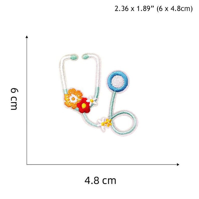May include: A white embroidered iron-on patch featuring a stethoscope with a blue circle at the end and colourful flowers. The patch measures 2.36 inches by 1.89 inches (6 cm by 4.8 cm).
