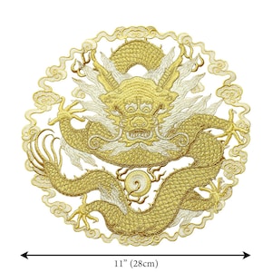 Toppa da cucire con drago d'oro grande da 11" Toppa posteriore rotonda Drago cinese ricamato con motivo applique per abbigliamento da giacca