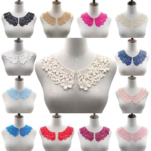 May include: Ten different lace collars in a variety of colours, including black, white, pink, blue, red, and beige. The collars are all made of delicate lace and have a scalloped edge.