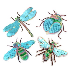 Bumble Bee Sequin Iron On Patch Sew Dragonfly Wasp Lady Beetle Ladybug Ladybird Applique Badge Cute for Jacket Backpack Bag Hat Cap T-Shirt